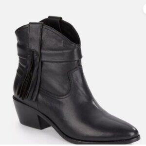 Joie Keaton Leather Ankle Boot Black Western Fringe Round Toe, Size 37